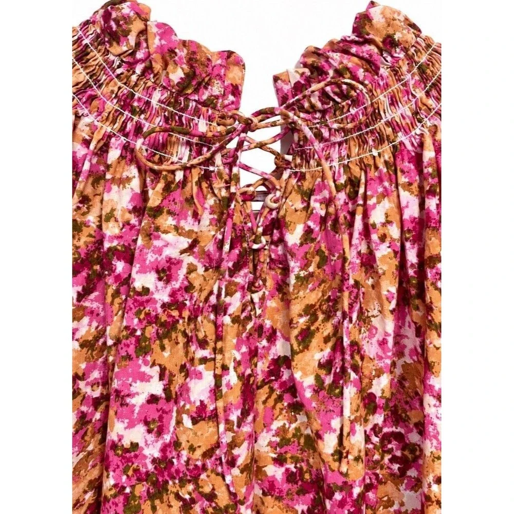 J. Crew Women’s S Pink Floral Blouse Smocked Ruffle Puff Sleeve Cottagecore